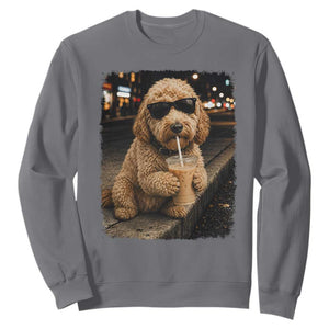 Goldendoodle Drinking Iced Coffee Sweatshirt Grunge Graphic Funny Dog Lover TS10 Charcoal Print Your Wear