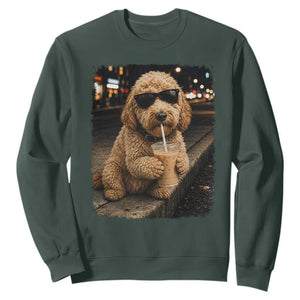 Goldendoodle Drinking Iced Coffee Sweatshirt Grunge Graphic Funny Dog Lover TS10 Dark Forest Green Print Your Wear