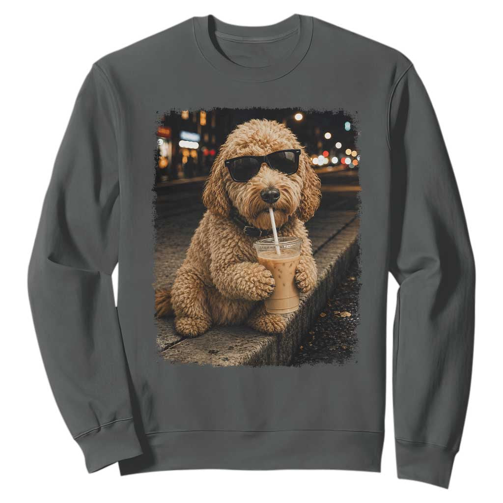 Goldendoodle Drinking Iced Coffee Sweatshirt Grunge Graphic Funny Dog Lover TS10 Dark Heather Print Your Wear