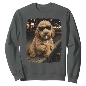 Goldendoodle Drinking Iced Coffee Sweatshirt Grunge Graphic Funny Dog Lover TS10 Dark Heather Print Your Wear