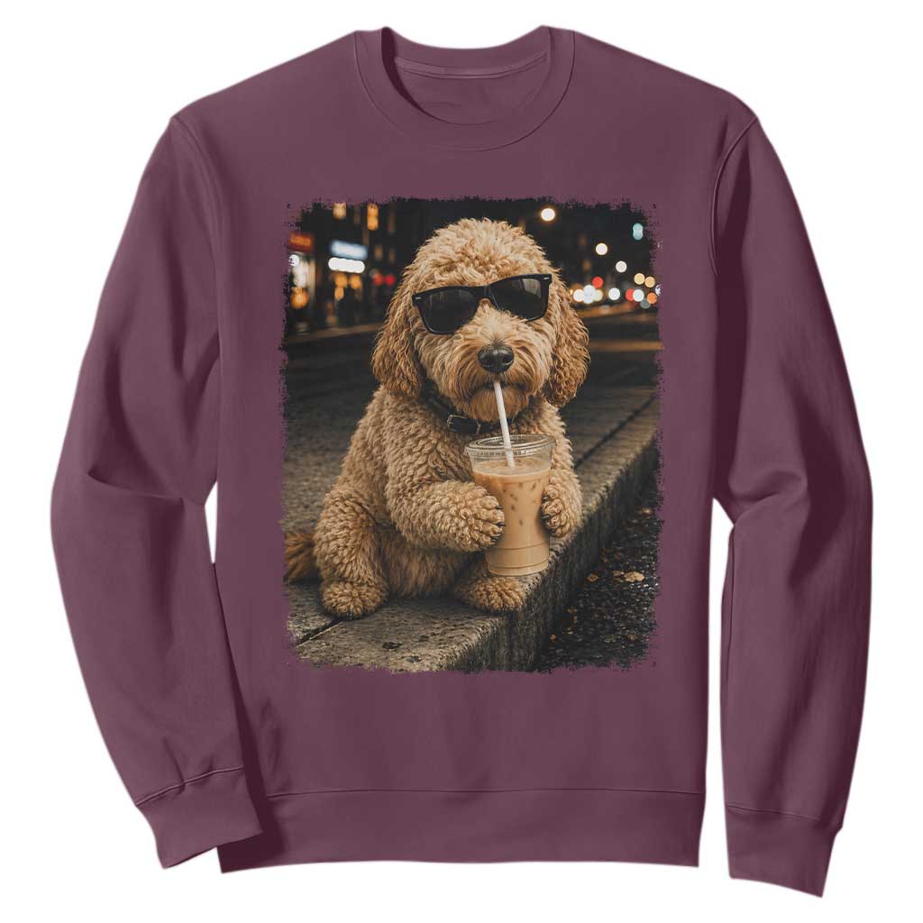 Goldendoodle Drinking Iced Coffee Sweatshirt Grunge Graphic Funny Dog Lover TS10 Maroon Print Your Wear