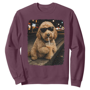 Goldendoodle Drinking Iced Coffee Sweatshirt Grunge Graphic Funny Dog Lover TS10 Maroon Print Your Wear