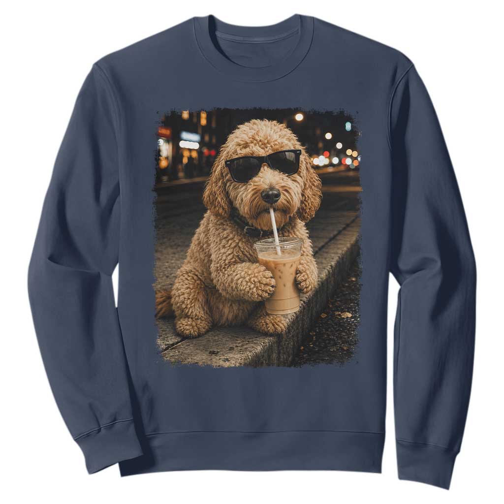 Goldendoodle Drinking Iced Coffee Sweatshirt Grunge Graphic Funny Dog Lover TS10 Navy Print Your Wear