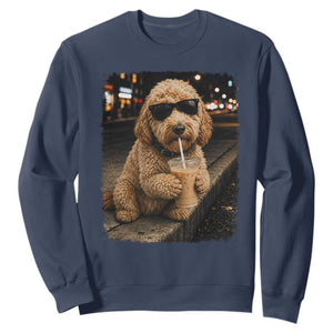Goldendoodle Drinking Iced Coffee Sweatshirt Grunge Graphic Funny Dog Lover TS10 Navy Print Your Wear