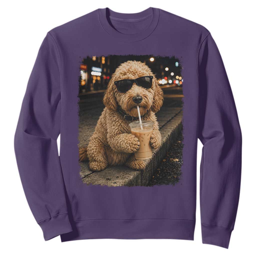 Goldendoodle Drinking Iced Coffee Sweatshirt Grunge Graphic Funny Dog Lover TS10 Purple Print Your Wear