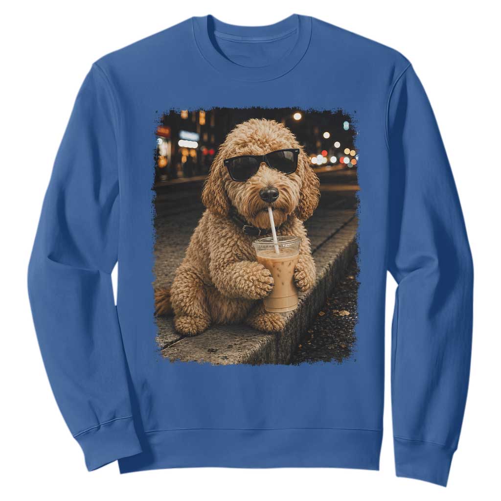Goldendoodle Drinking Iced Coffee Sweatshirt Grunge Graphic Funny Dog Lover TS10 Royal Blue Print Your Wear
