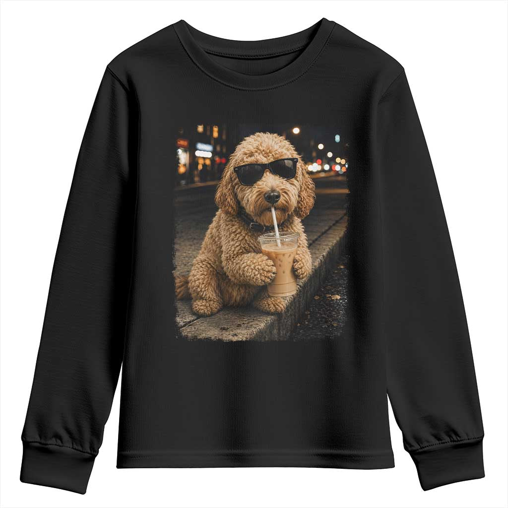 Goldendoodle Drinking Iced Coffee Youth Sweatshirt Grunge Graphic Funny Dog Lover TS10 Black Print Your Wear