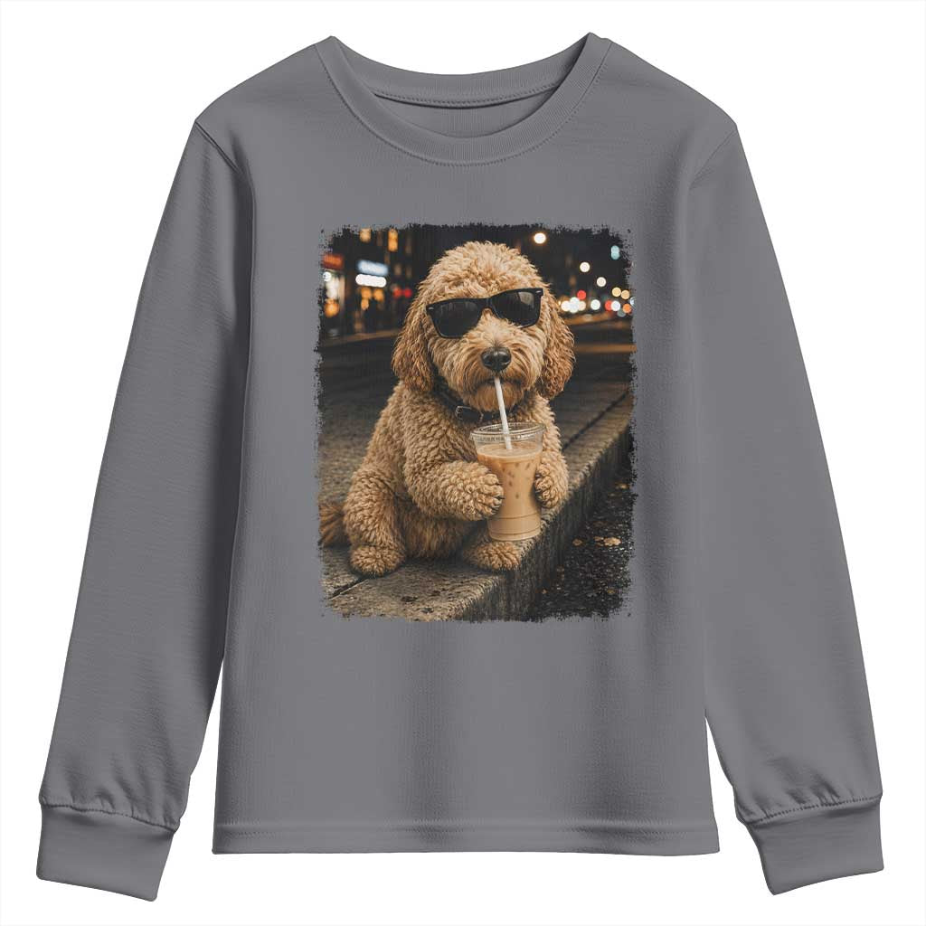 Goldendoodle Drinking Iced Coffee Youth Sweatshirt Grunge Graphic Funny Dog Lover TS10 Charcoal Print Your Wear