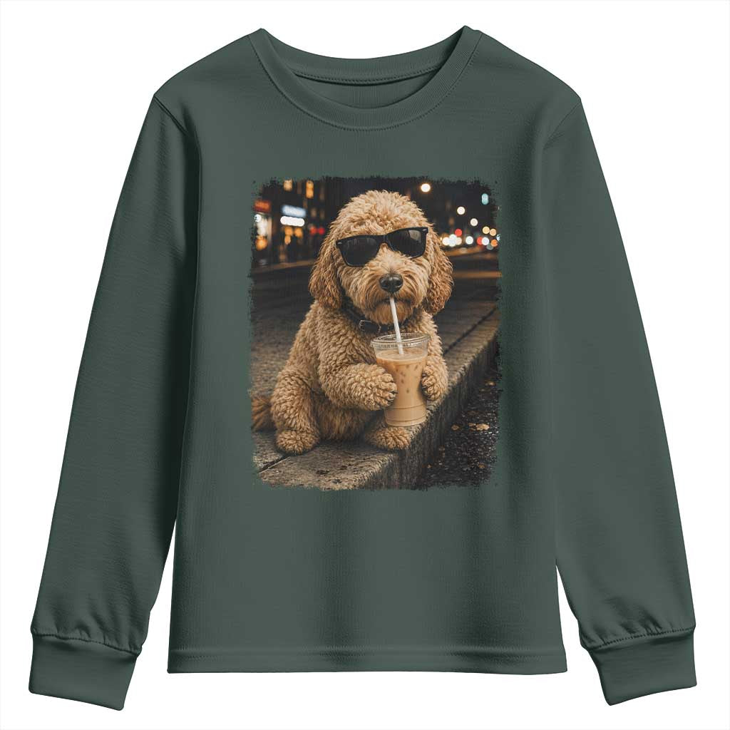 Goldendoodle Drinking Iced Coffee Youth Sweatshirt Grunge Graphic Funny Dog Lover TS10 Dark Forest Green Print Your Wear