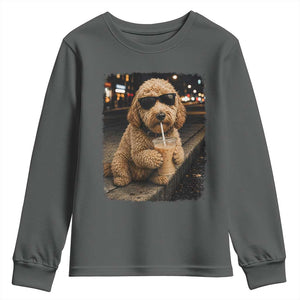 Goldendoodle Drinking Iced Coffee Youth Sweatshirt Grunge Graphic Funny Dog Lover TS10 Dark Heather Print Your Wear