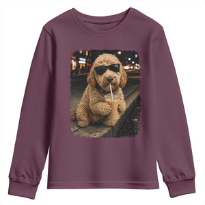 Goldendoodle Drinking Iced Coffee Youth Sweatshirt Grunge Graphic Funny Dog Lover TS10 Maroon Print Your Wear
