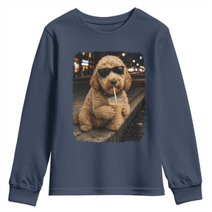 Goldendoodle Drinking Iced Coffee Youth Sweatshirt Grunge Graphic Funny Dog Lover TS10 Navy Print Your Wear