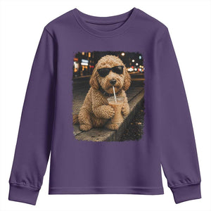 Goldendoodle Drinking Iced Coffee Youth Sweatshirt Grunge Graphic Funny Dog Lover TS10 Purple Print Your Wear