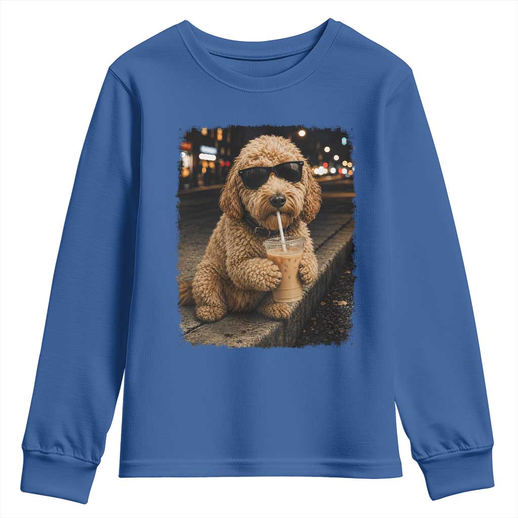 Goldendoodle Drinking Iced Coffee Youth Sweatshirt Grunge Graphic Funny Dog Lover TS10 Royal Blue Print Your Wear