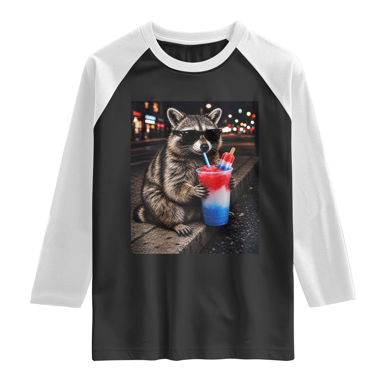4th Of July Raccoon Drinking Slushie Raglan Shirt Patriotic 250 Anniversary USA Trash Panda Funny Meme TS10 Black White Print Your Wear