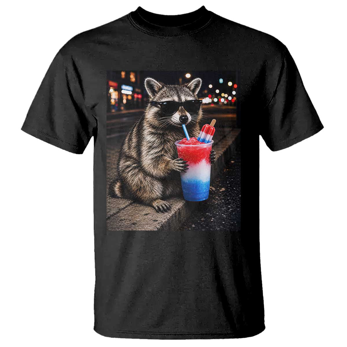 4th Of July Raccoon Drinking Slushie T Shirt Patriotic 250 Anniversary USA Trash Panda Funny Meme TS10 Black Print Your Wear