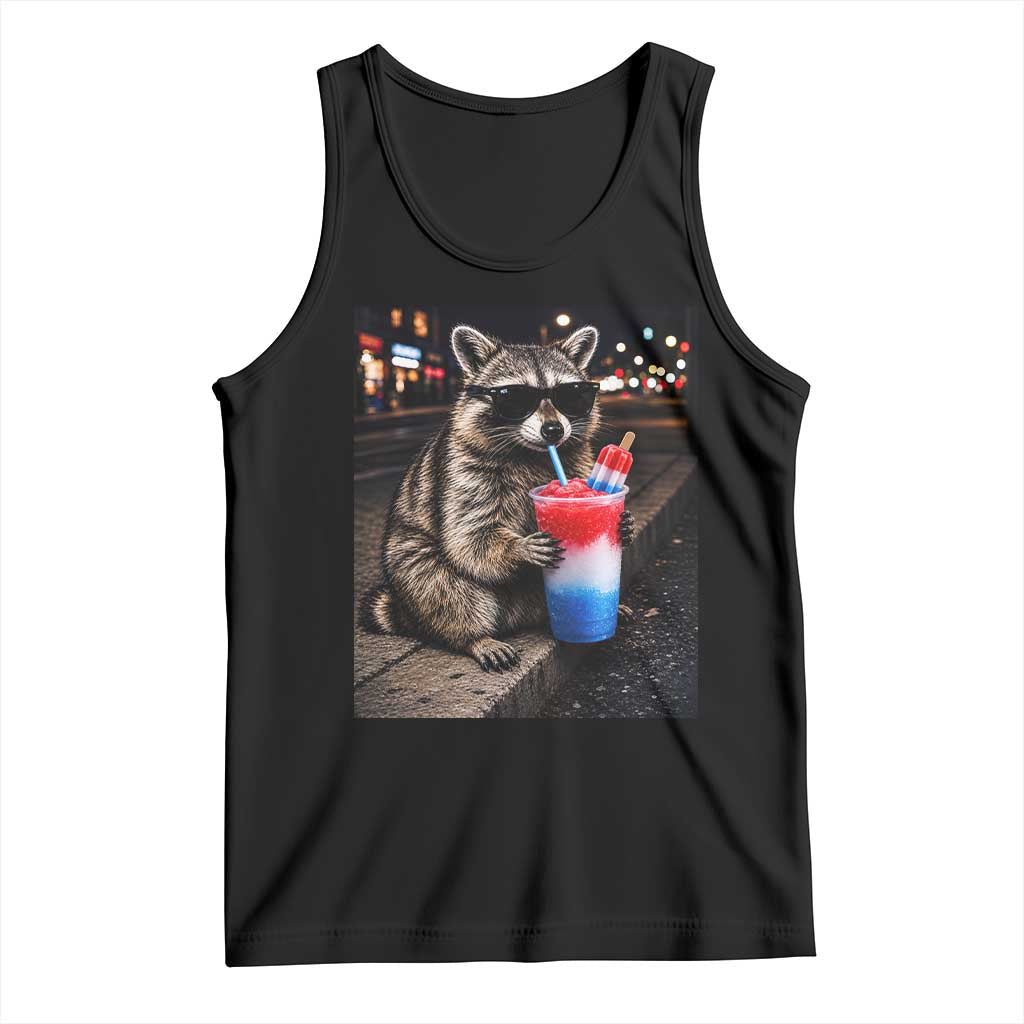 4th Of July Raccoon Drinking Slushie Tank Top Patriotic 250 Anniversary USA Trash Panda Funny Meme TS10 Black Print Your Wear