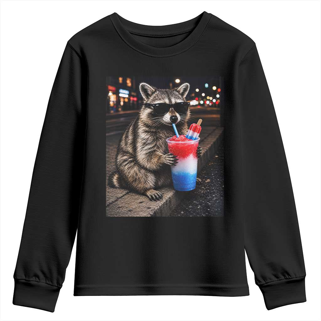 4th Of July Raccoon Drinking Slushie Youth Sweatshirt Patriotic 250 Anniversary USA Trash Panda Funny Meme TS10 Black Print Your Wear