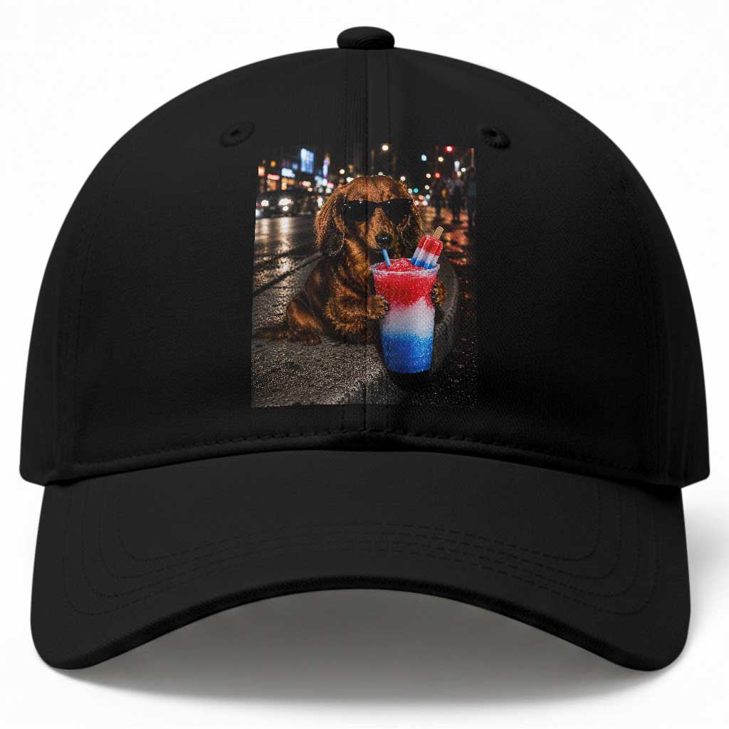 4th Of July Dachshund Drinking Slushie Baseball Cap Patriotic 250 Anniversary USA Dog Lovers Funny Meme TS10 Print Your Wear