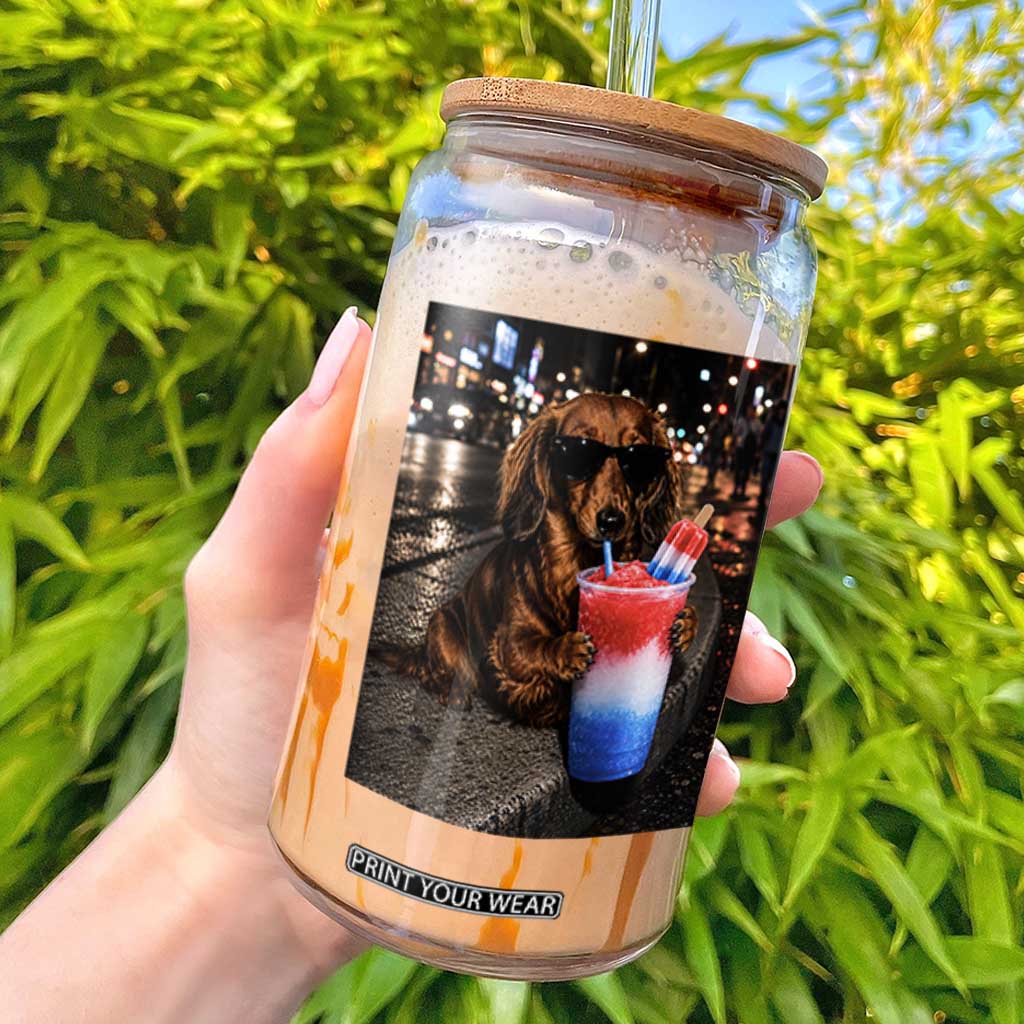4th Of July Dachshund Drinking Slushie Glass Can Patriotic 250 Anniversary USA Dog Lovers Funny Meme TS10 Black Print Your Wear
