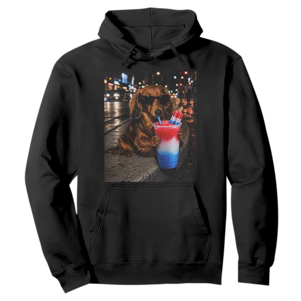 4th Of July Dachshund Drinking Slushie Hoodie Patriotic 250 Anniversary USA Dog Lovers Funny Meme TS10 Black Print Your Wear