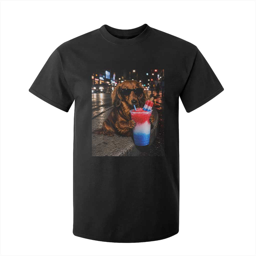 4th Of July Dachshund Drinking Slushie T Shirt For Kid Patriotic 250 Anniversary USA Dog Lovers Funny Meme TS10 Black Print Your Wear