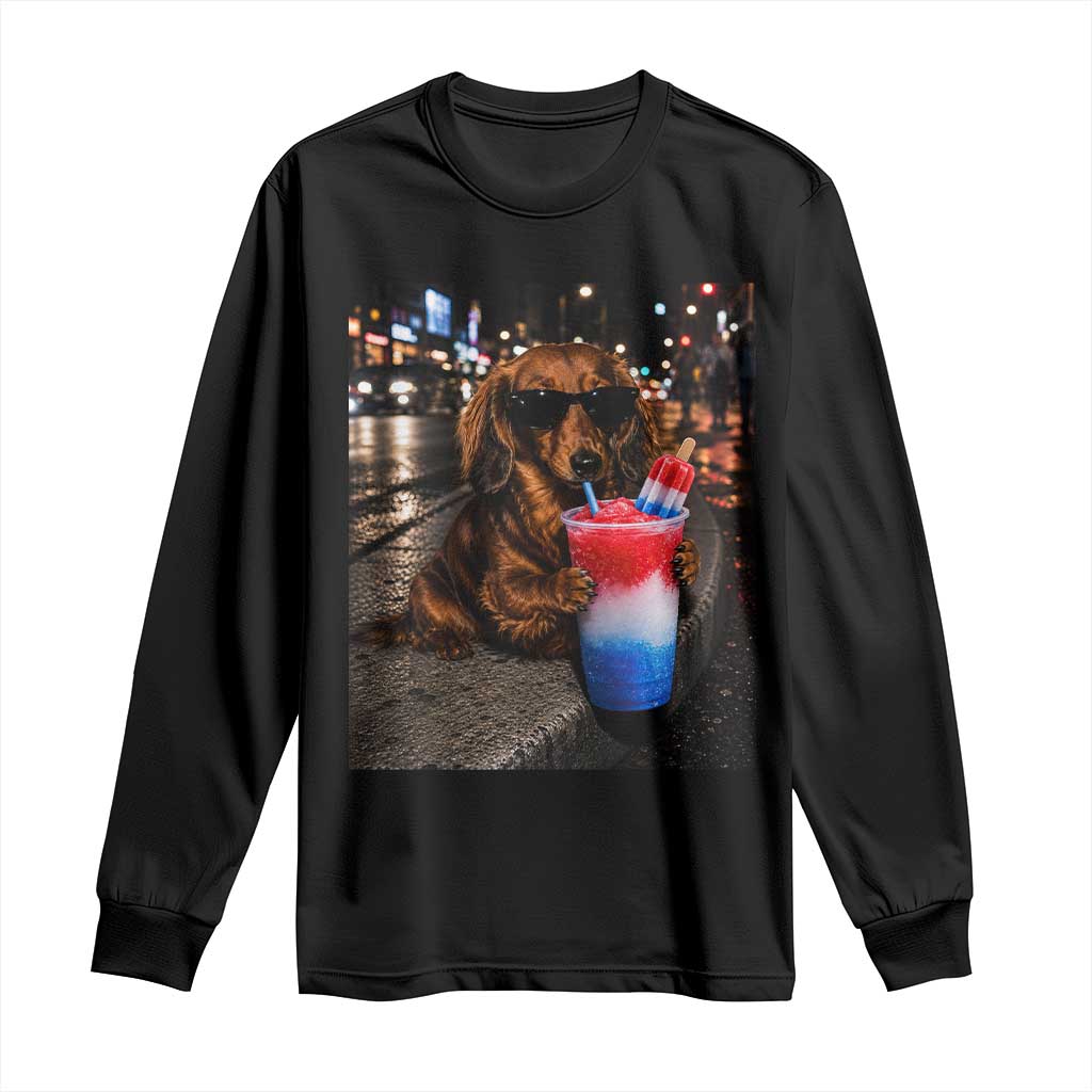 4th Of July Dachshund Drinking Slushie Long Sleeve Shirt Patriotic 250 Anniversary USA Dog Lovers Funny Meme TS10 Black Print Your Wear