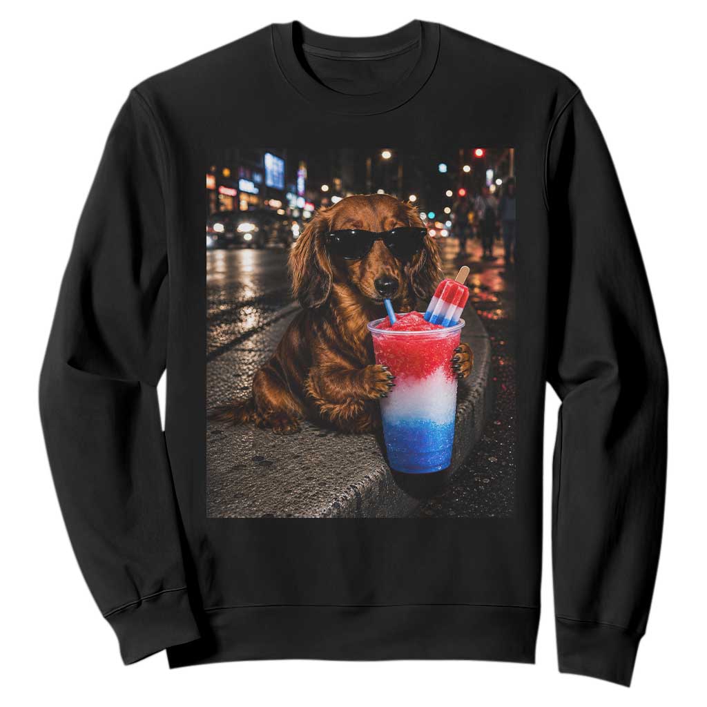 4th Of July Dachshund Drinking Slushie Sweatshirt Patriotic 250 Anniversary USA Dog Lovers Funny Meme TS10 Black Print Your Wear