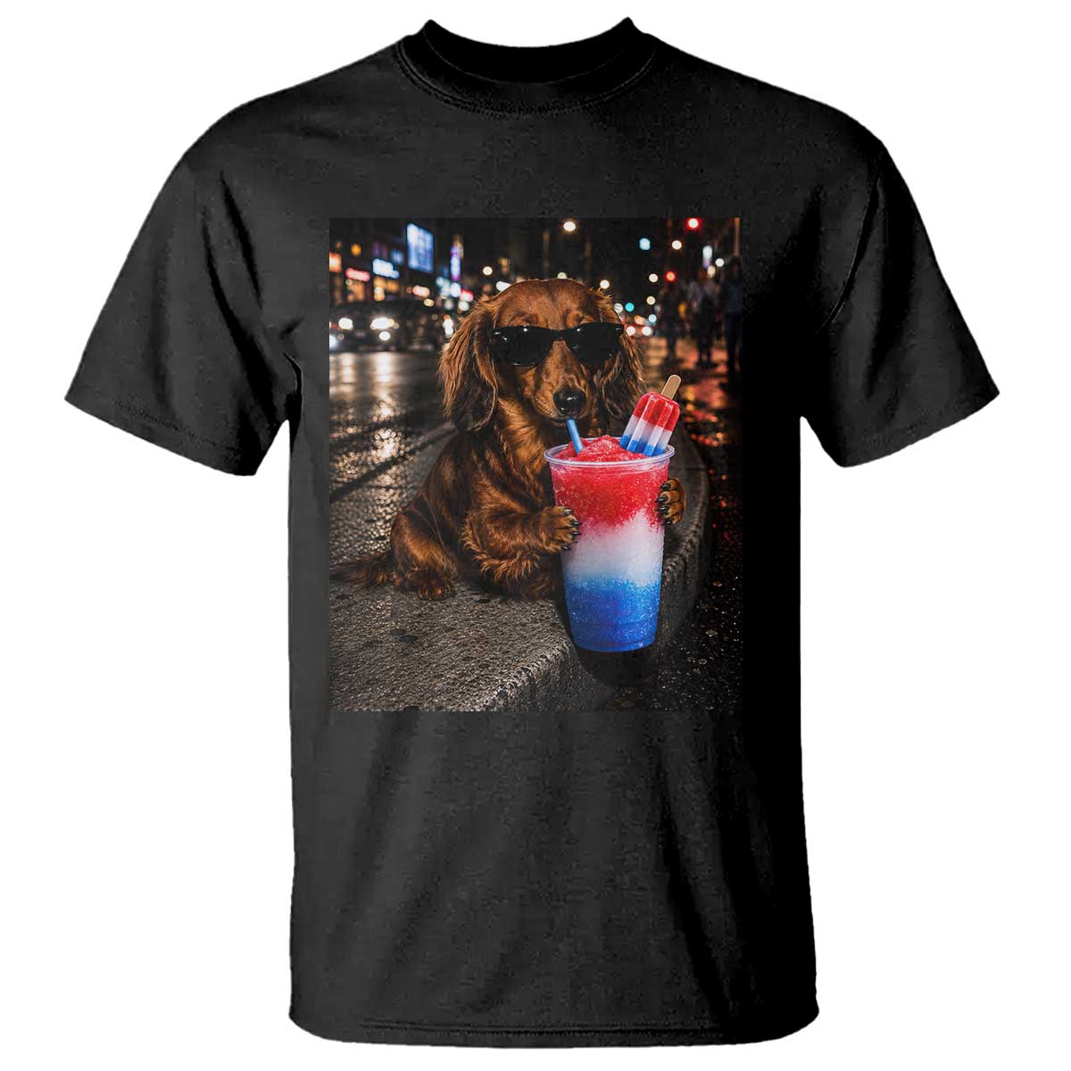4th Of July Dachshund Drinking Slushie T Shirt Patriotic 250 Anniversary USA Dog Lovers Funny Meme TS10 Black Print Your Wear