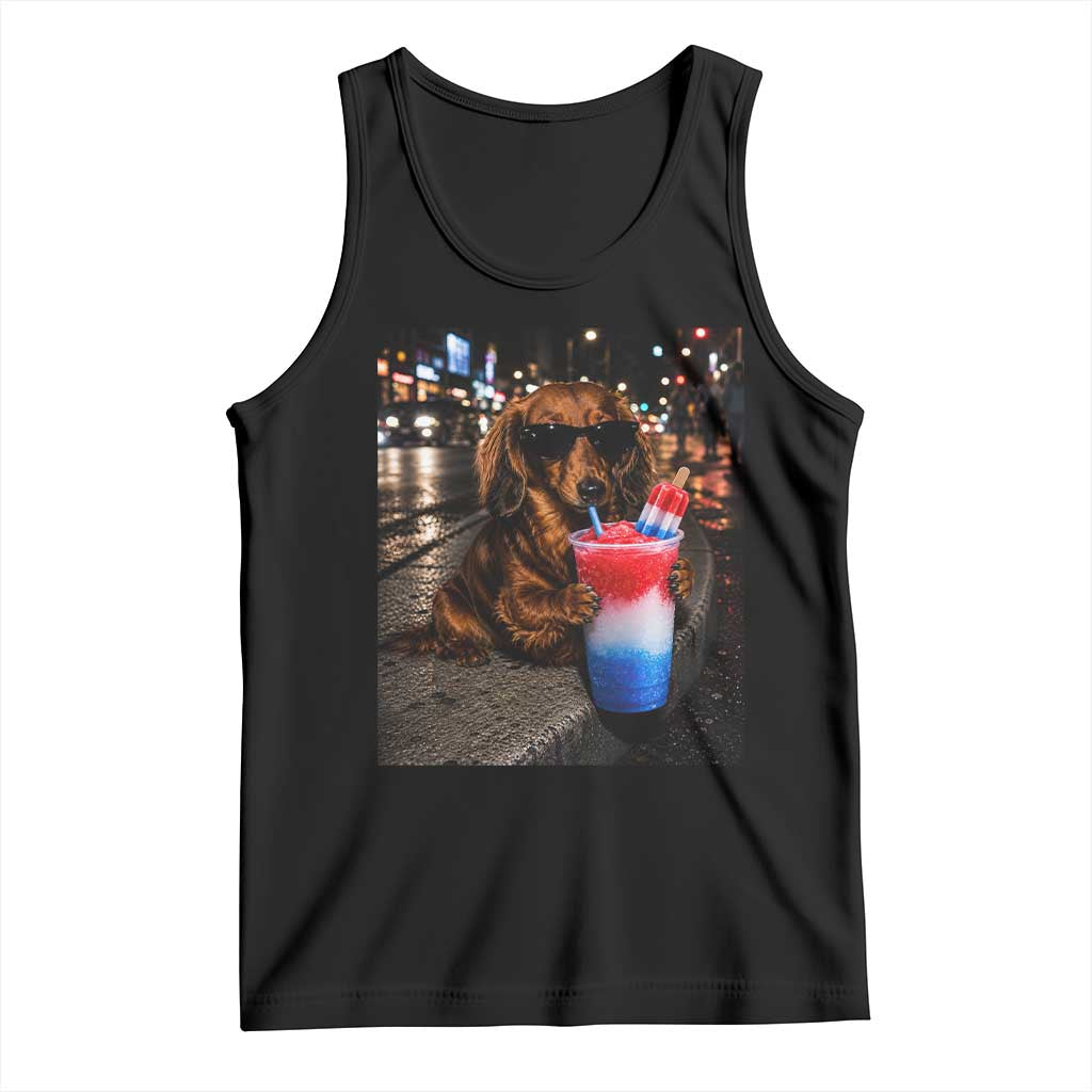 4th Of July Dachshund Drinking Slushie Tank Top Patriotic 250 Anniversary USA Dog Lovers Funny Meme TS10 Black Print Your Wear