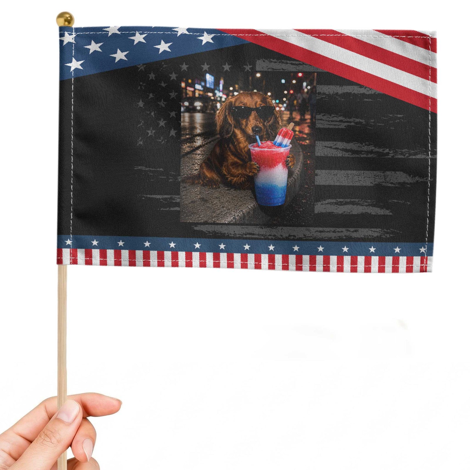 4th Of July Dachshund Drinking Slushie Patriotic Handheld Flag 250 Anniversary USA Dog Lovers Funny Meme TS10 Distressed 8.2