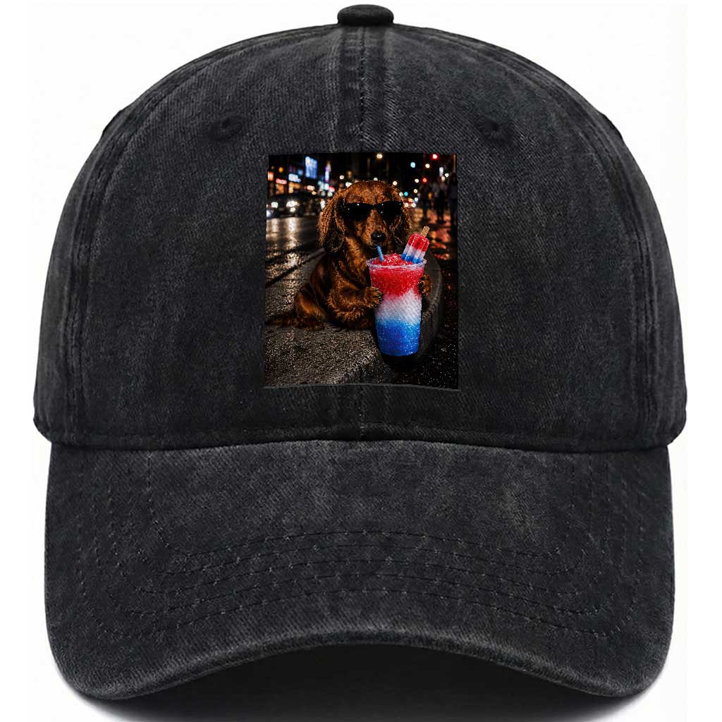 4th Of July Dachshund Drinking Slushie Washed Cotton Baseball Cap Patriotic 250 Anniversary USA Dog Lovers Funny Meme TS10 Print Your Wear