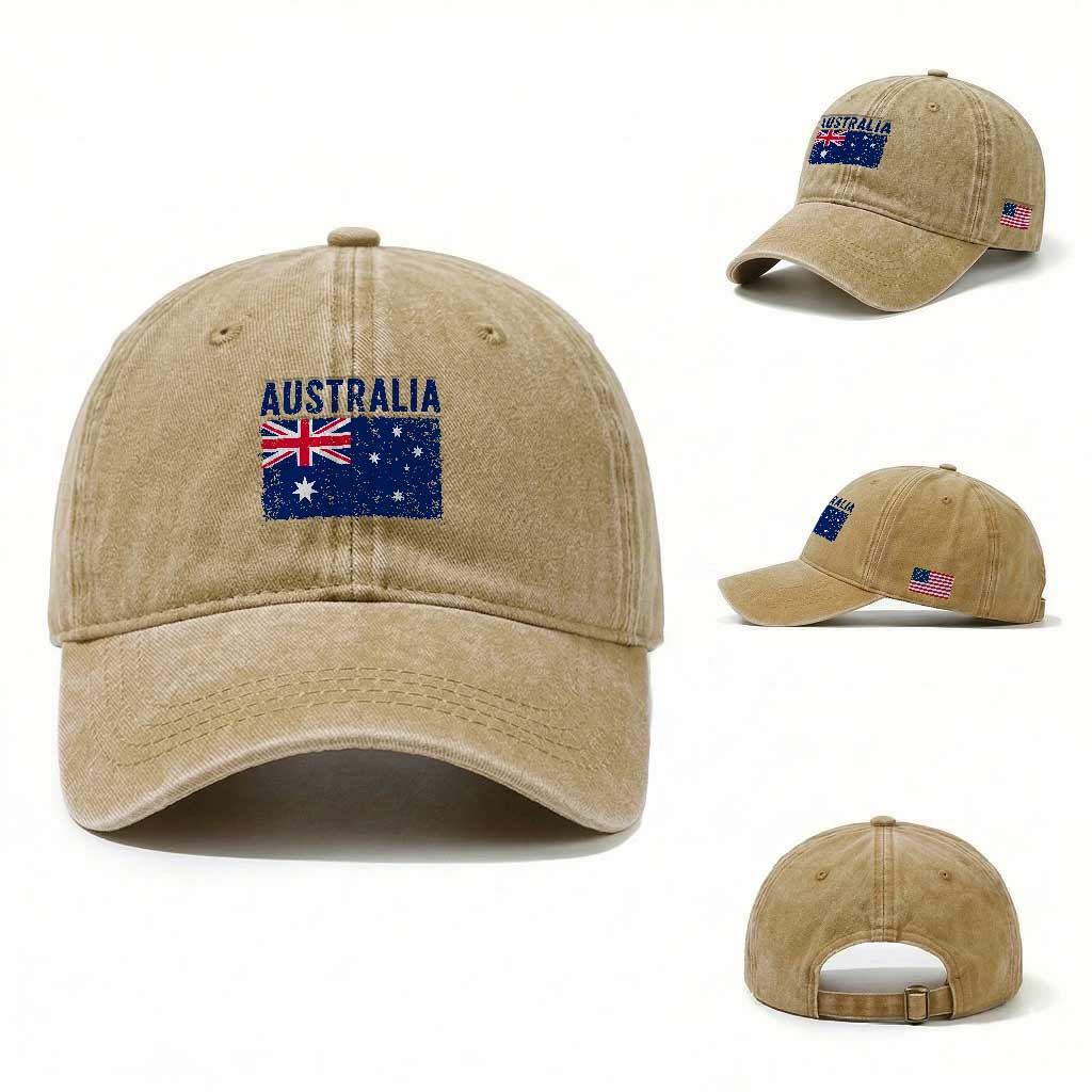 Vintage Australia Flag Washed Cotton Baseball Cap Distressed Patriotic Country Pride Graphic TS10 Washed Cap Universal Fit Khaki Print Your Wear