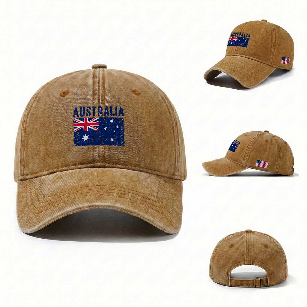 Vintage Australia Flag Washed Cotton Baseball Cap Distressed Patriotic Country Pride Graphic TS10 Washed Cap Universal Fit Yellow Ochre Print Your Wear