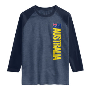 Australia Flag Raglan Shirt Patriotic Country Pride Vertical Text Graphic TS10 Heather Denim Navy Print Your Wear