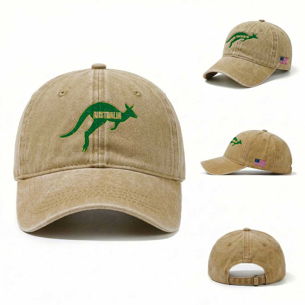 Vintage Kangaroo Australia Washed Cotton Baseball Cap Patriotic Country Pride Graphic Aussie Roo Kangaroo TS10 Washed Cap Universal Fit Khaki Print Your Wear