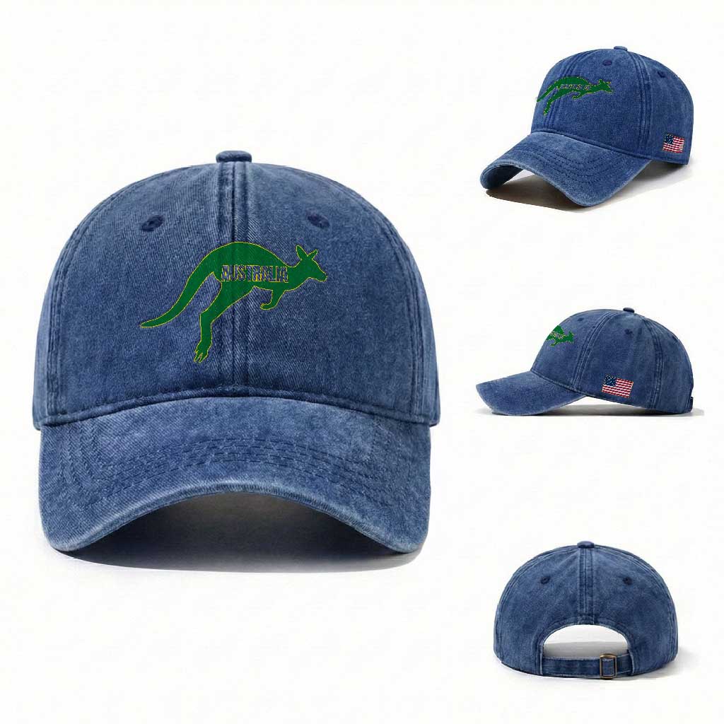 Vintage Kangaroo Australia Washed Cotton Baseball Cap Patriotic Country Pride Graphic Aussie Roo Kangaroo TS10 Washed Cap Universal Fit Royal Blue Print Your Wear