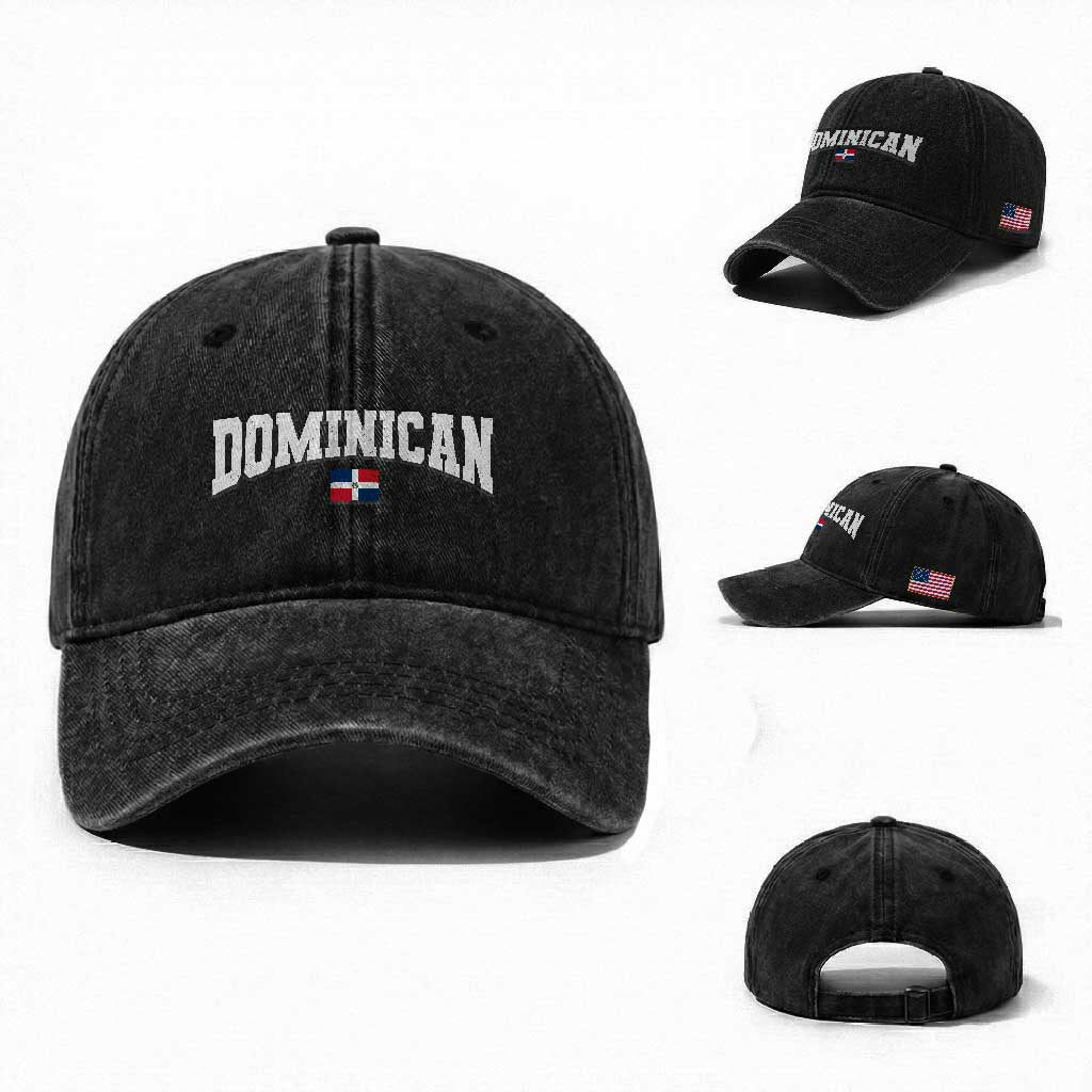 Vintage Dominican Republic Flag Washed Cotton Baseball Cap Retro Varsity Caribbean Pride Heritage Gift TS10 Washed Cap Universal Fit Black Print Your Wear