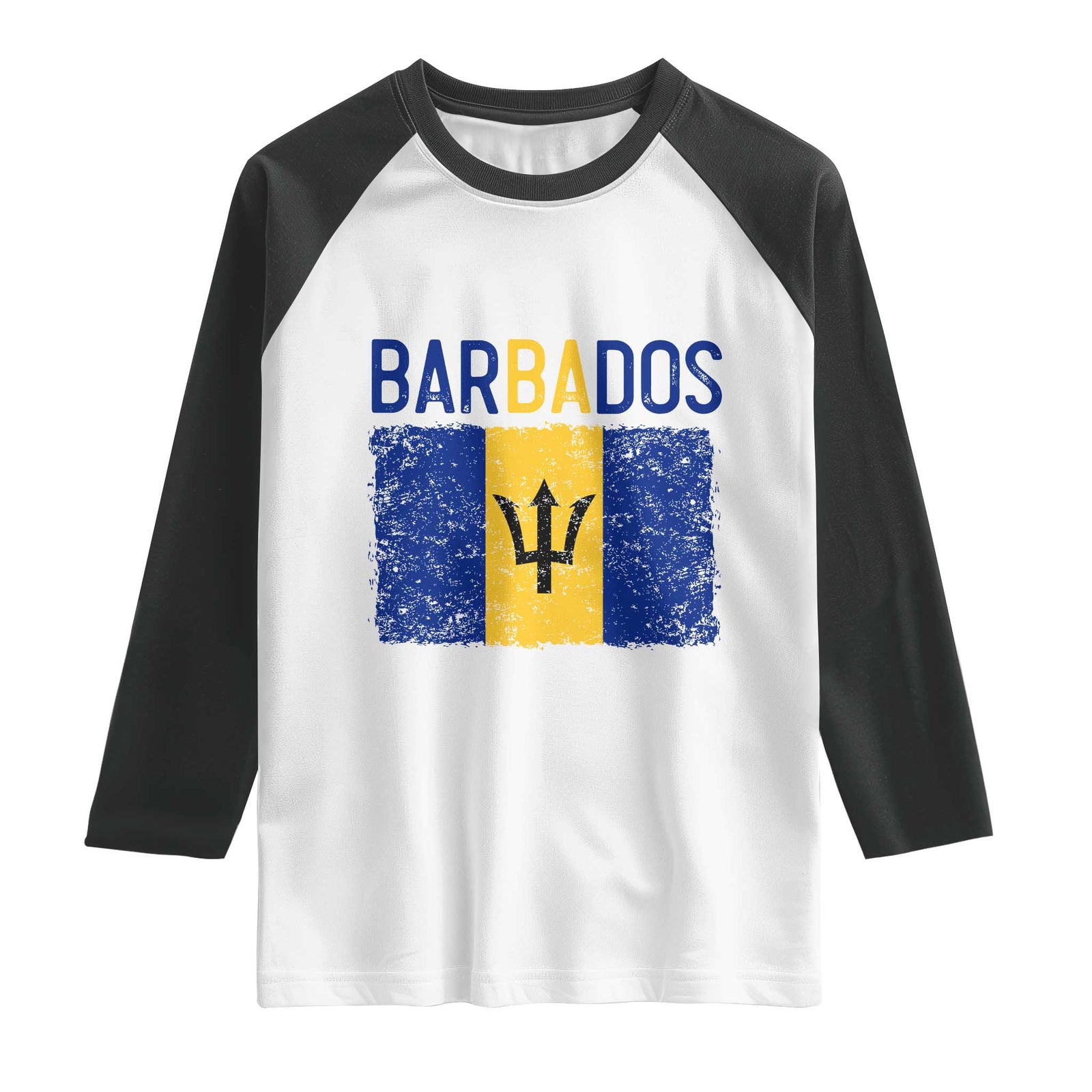 Vintage Distressed Barbados Flag Raglan Shirt Bajan Caribbean Heritage Patriotic Pride Gift TS10 White Black Print Your Wear