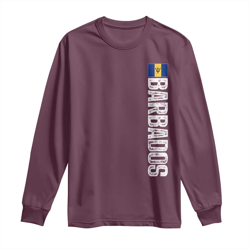 Barbados Flag Long Sleeve Shirt Distressed Vertical Typography Caribbean Island Pride Heritage Gift TS10 Maroon Print Your Wear