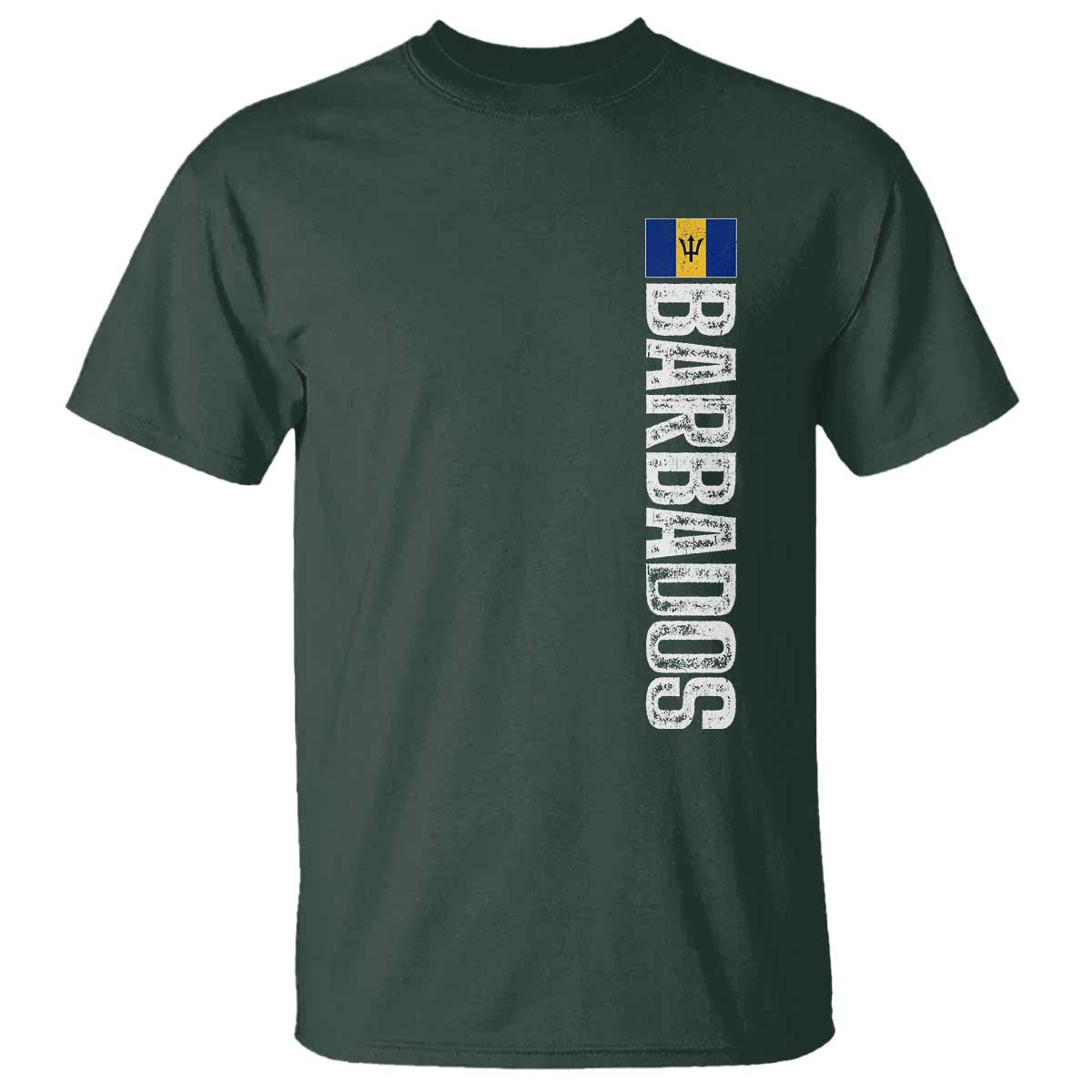 Barbados Flag T Shirt Distressed Vertical Typography Caribbean Island Pride Heritage Gift TS10 Dark Forest Green Print Your Wear