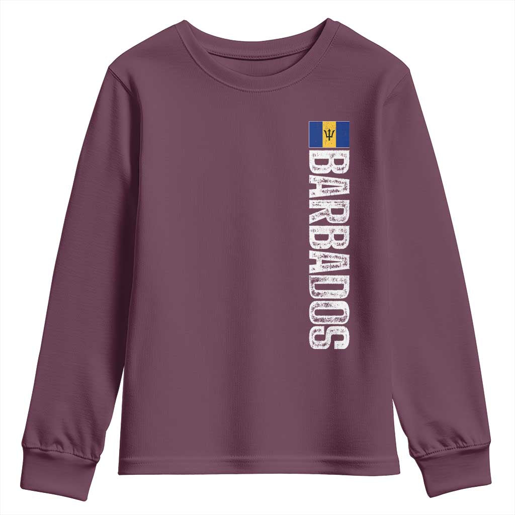 Barbados Flag Youth Sweatshirt Distressed Vertical Typography Caribbean Island Pride Heritage Gift TS10 Maroon Print Your Wear