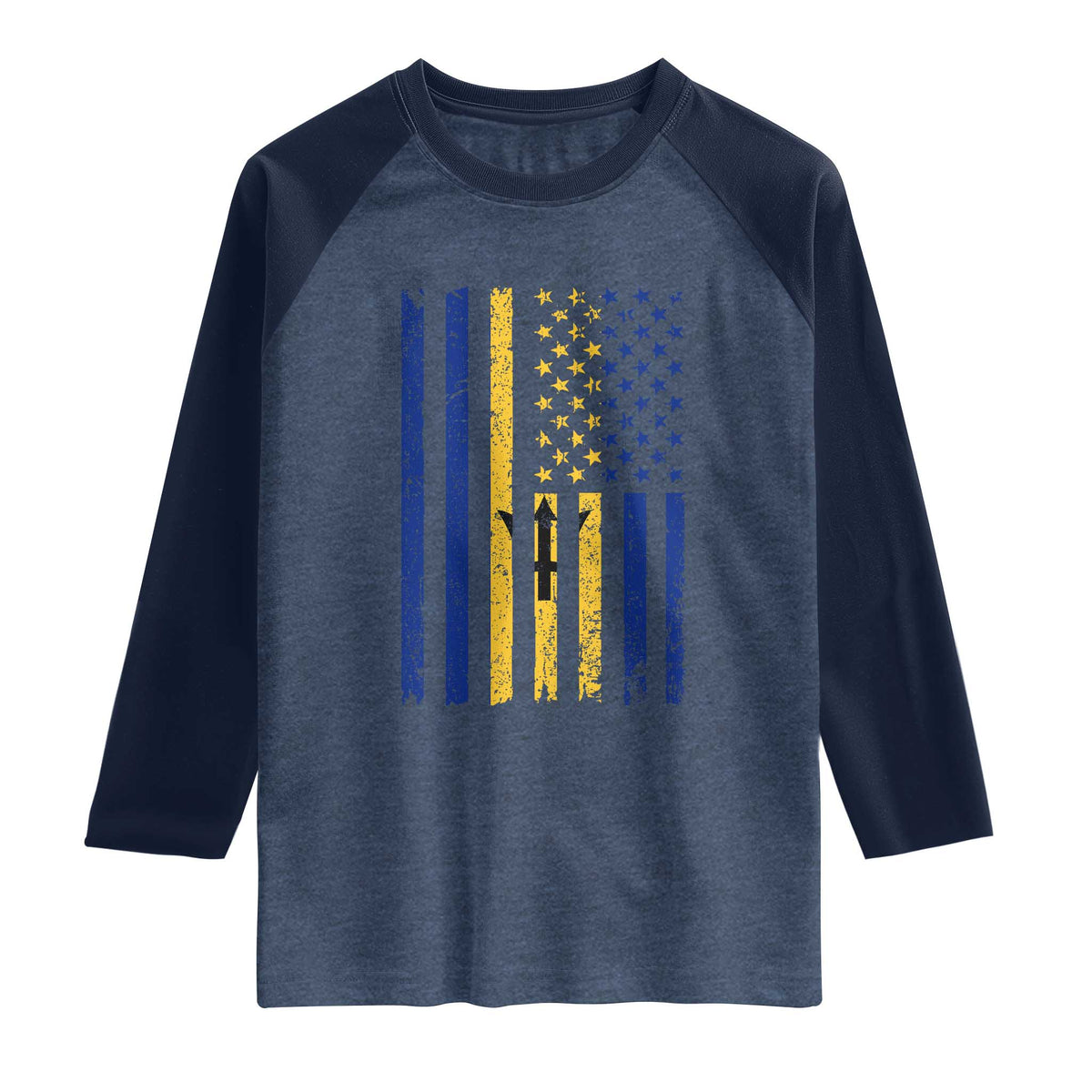 Barbados American Flag Raglan Shirt Distressed Barbadian Pride Patriotic Heritage Gift TS10 Heather Denim Navy Print Your Wear