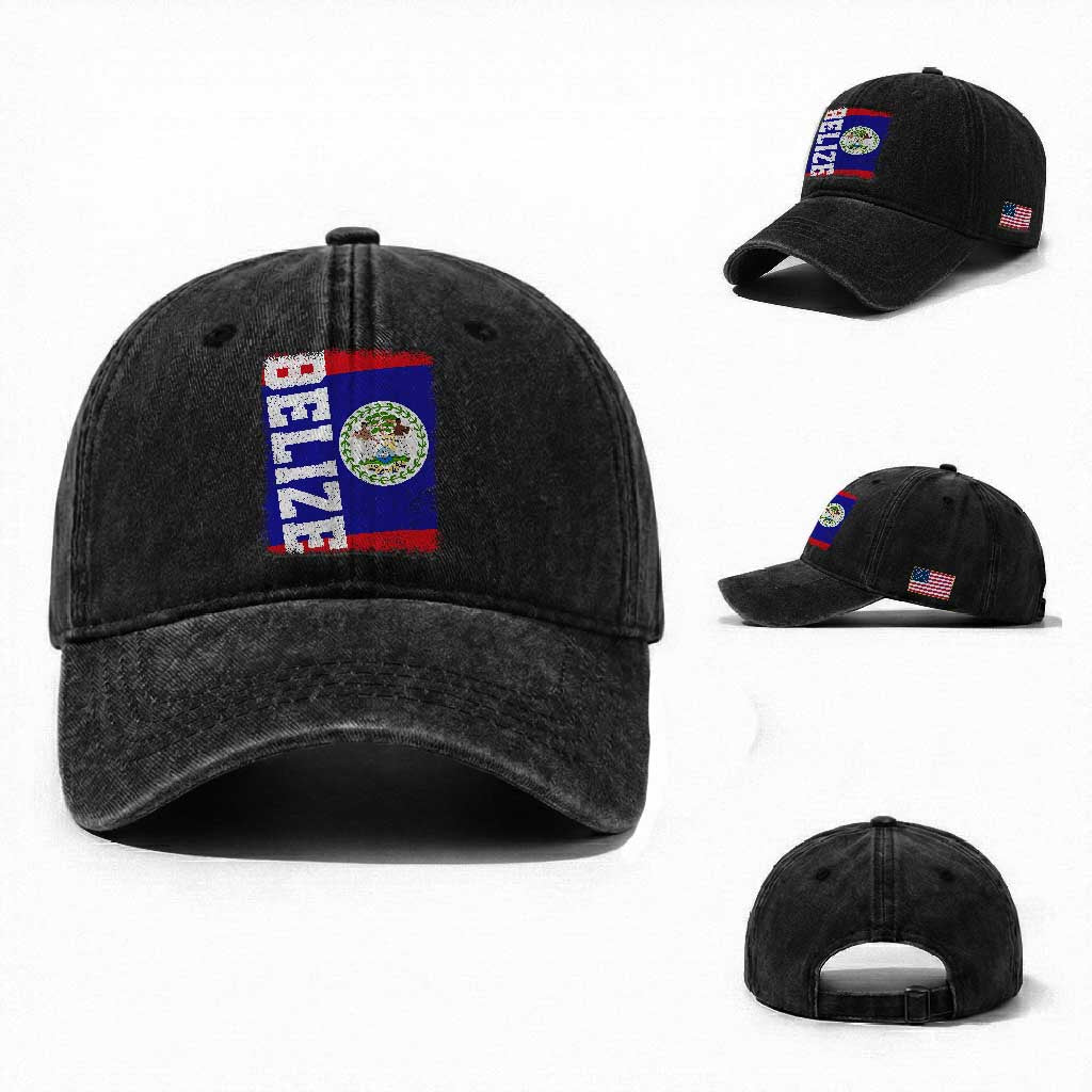Vintage Belize Washed Cotton Baseball Cap Distressed Flag Central American Pride Heritage Gift TS10 Washed Cap Universal Fit Black Print Your Wear