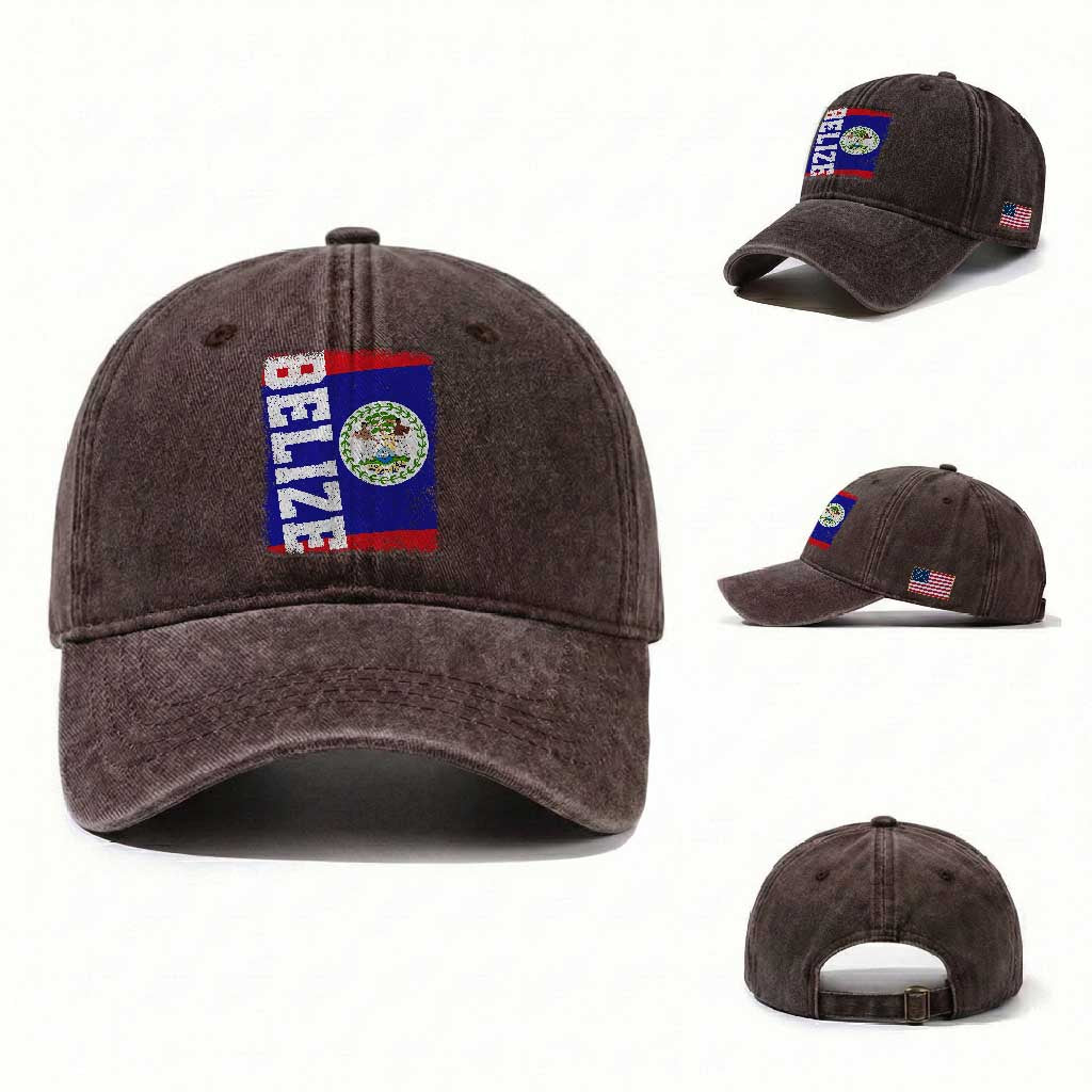 Vintage Belize Washed Cotton Baseball Cap Distressed Flag Central American Pride Heritage Gift TS10 Washed Cap Universal Fit Dark Brown Print Your Wear