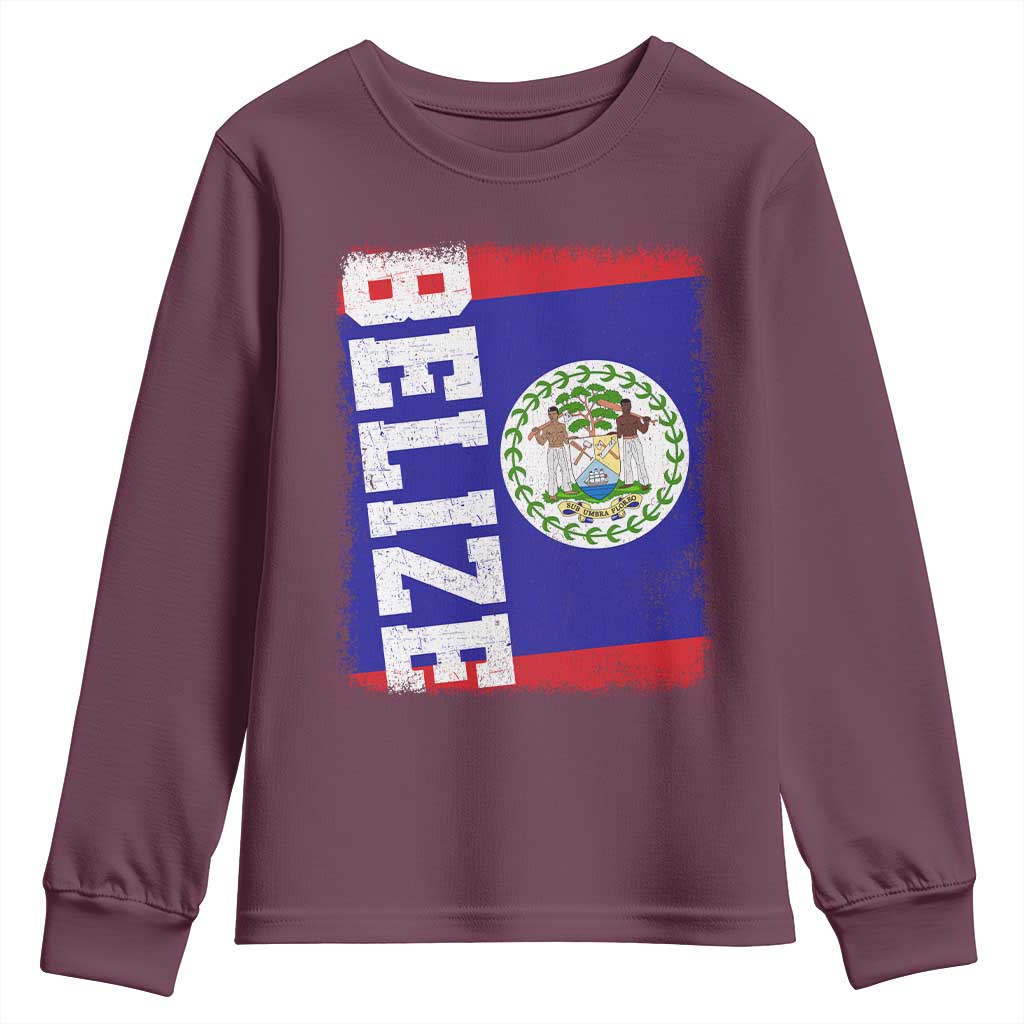 Vintage Belize Youth Sweatshirt Distressed Flag Central American Pride Heritage Gift TS10 Maroon Print Your Wear