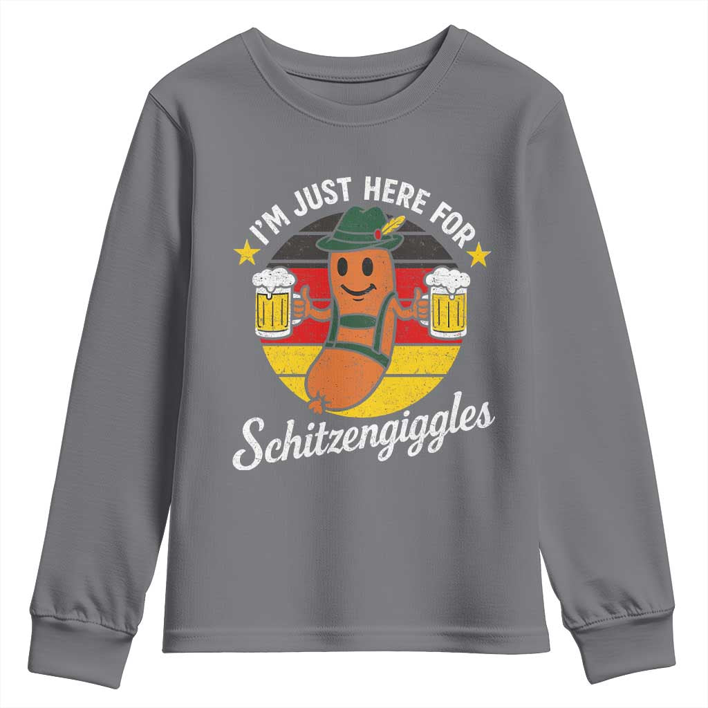 Funny Oktoberfest Youth Sweatshirt Just Here for Schitzengiggles German Flag TS10 Charcoal Print Your Wear
