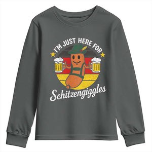 Funny Oktoberfest Youth Sweatshirt Just Here for Schitzengiggles German Flag TS10 Dark Heather Print Your Wear