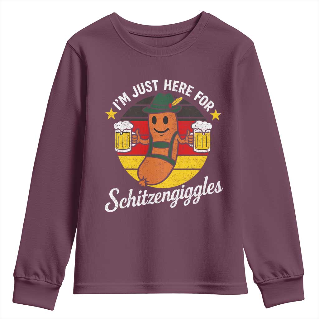 Funny Oktoberfest Youth Sweatshirt Just Here for Schitzengiggles German Flag TS10 Maroon Print Your Wear