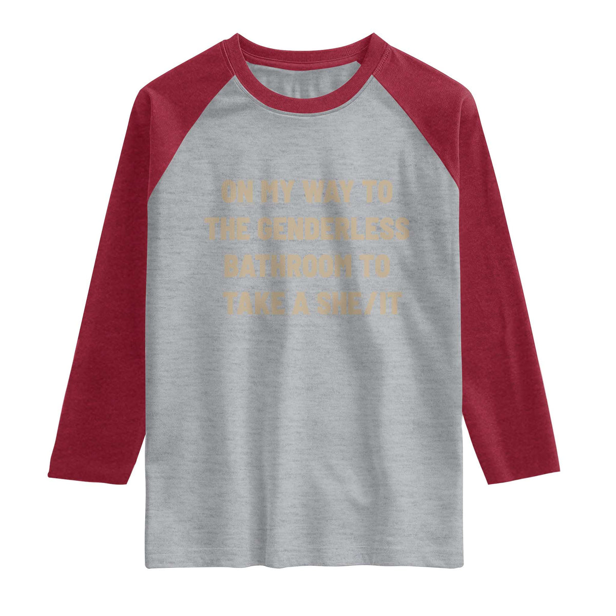 On My Way To The Genderless Bathroom To Take a She/It Raglan Shirt TS10 Heather Gray Heather Red Print Your Wear